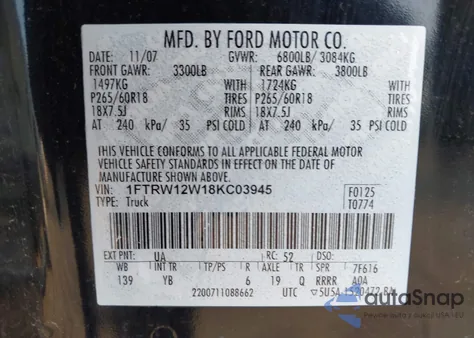 2008 Ford F-150 60Th Anniversary/Fx2/Xl/Xlt from USA, damaged, VIN 1FTRW12W18KC03945